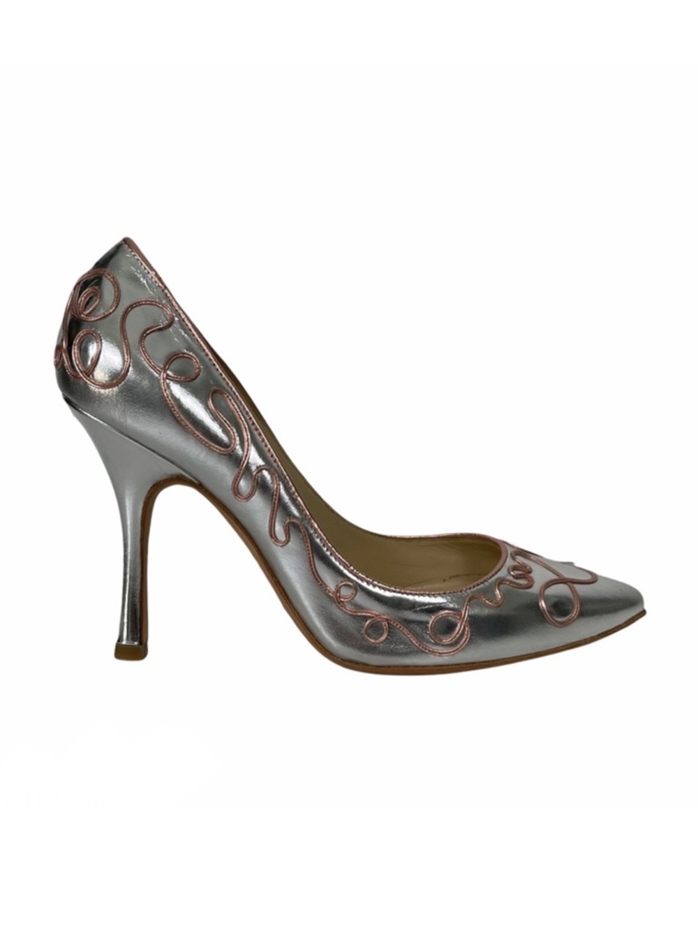Alexandra Neel Silver Metallic Leather Stiletto Pumps EU 38 Rose Gold Scroll